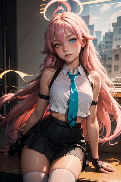 anime - style girl with pink hair and blue tie sitting on a window sill