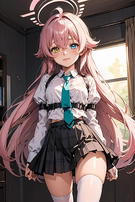 (masterpiece, best quality), 1girl,  hoshino, pink hair, long hair, hair between eyes, ahoge, yellow eyes, blue eyes, heterochromia, halo,collared shirt, puffy sleeves, blue necktie, chest harness, shoulder strap, black skirt, pleated skirt, plaid skirt, fingerless gloves, white socks, black shoes