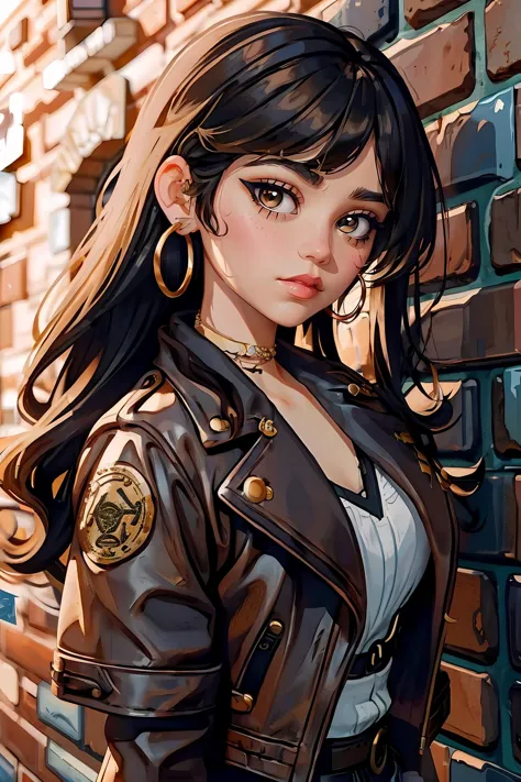 anime girl in leather jacket leaning against brick wall