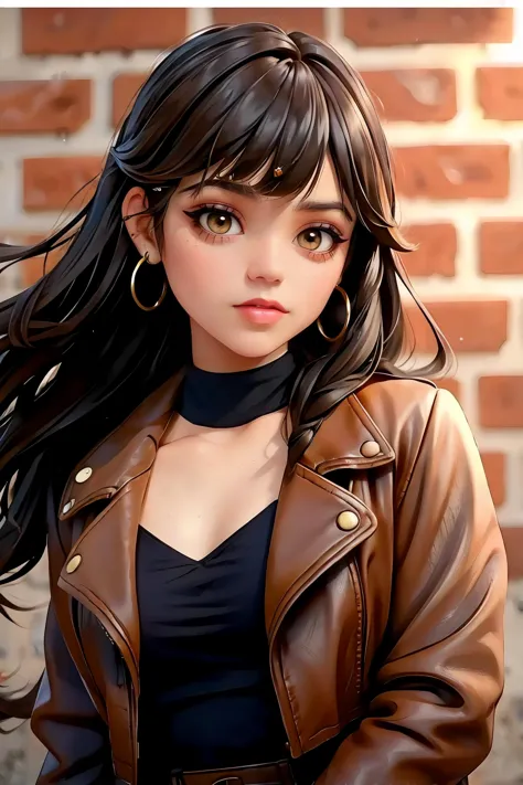 anime girl with long black hair wearing a brown leather jacket