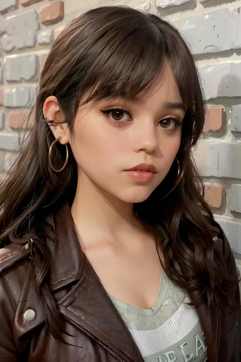 jenna_ortega wearing brown leather jacket, long wavy hair, bangs, eyeliner, eyeshadow, eyelashes, lipstick, makeup,
hoop earring...