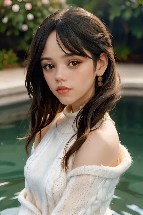 jenna_ortega_v4 wearing one shoulder sweater, long hair, bangs, orange lips, makeup, skinny,
cream wool one shoulder sweater, 
medium shot, upper body shot, portrait, water mirror, reflective water, petals floating on water, soft lighting, close up,
<lora:Jenna_Ortega_V4:0.7>, <lora:breastsizeslideroffset:-0.4>