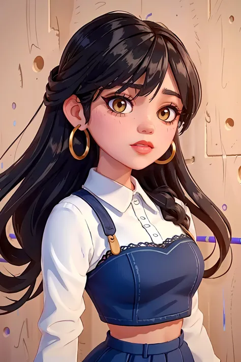 anime girl with long black hair and blue dress standing in front of a wooden wall