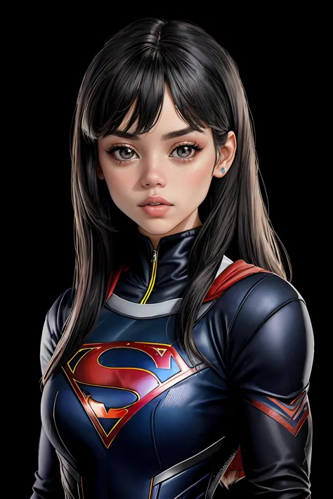 jenna orterga, jenna_ortega wearing supergirl outfit, skinny, long hair,
gray supergirl outfit,  
head shot, close up, upper bod...