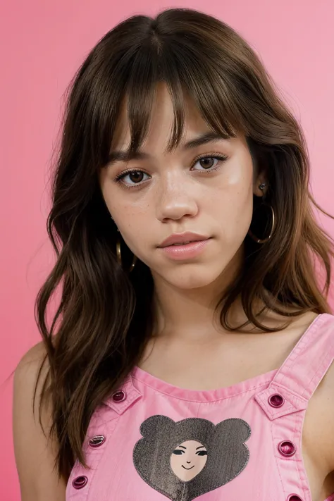 jenna ortega, long hair, bangs, 
pink overalls, studs, t shirt, detailed skin, young, 
headshot, simple solid background, closeu...