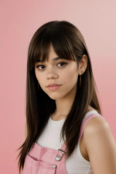 jenna ortega, long hair, bangs, 
pink overalls, studs, t shirt, detailed skin, young, 
headshot, simple solid background, closeu...