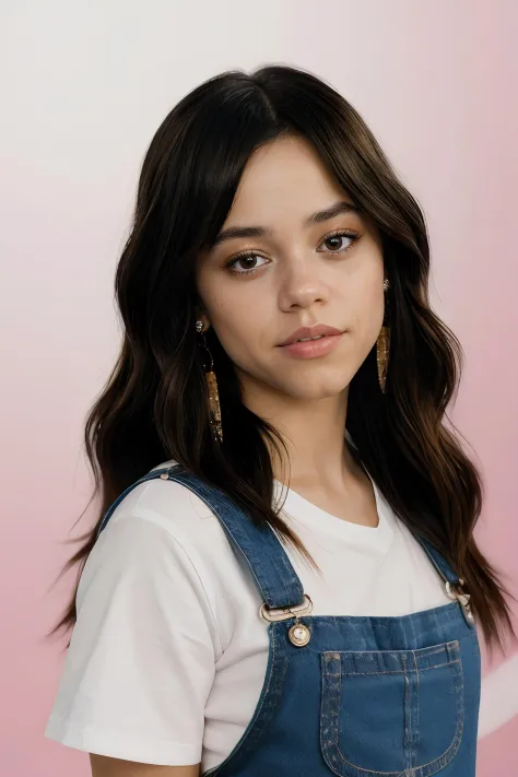 jenna ortega, long hair, 
pink overalls, studs, white shirt, detailed skin, 
headshot, simple solid background, closeup head-sho...