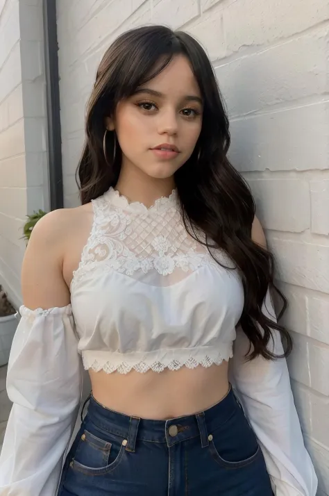 jenna_ortega wearing lacy crop top, long hair, 
upper body, solid wall background, 
 <lora:JennaOrtega_Rebirth:0.8>