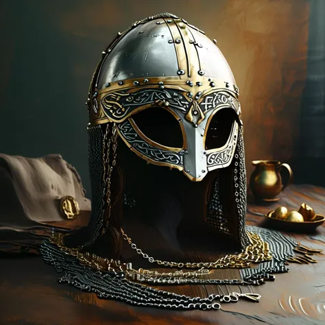 fantasy (viking helmet) with prominent nasal and gold trim with a chain coif lying on a table, dark sockets, 
highly detailed, h...