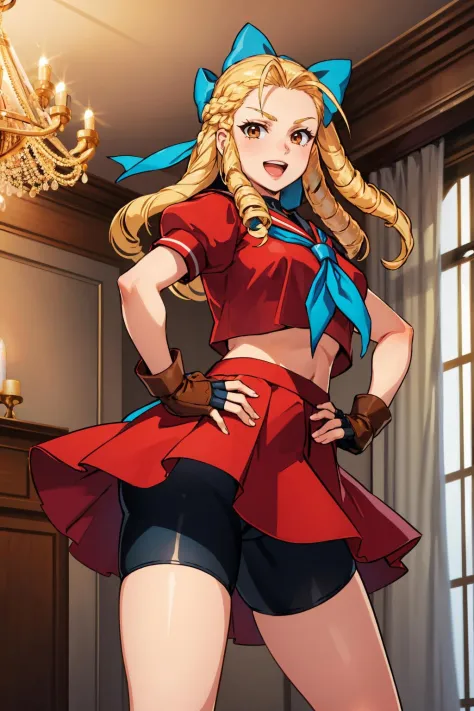 masterpiece, best quality, <lora:sfkarin-nvwls-v1-000008:0.8> sfkarin, hair bow, serafuku, short sleeves, midriff, red skirt, shorts under skirt, fingerless gloves, hands to hips, pointing at viewer, smile, open mouth, furrowed brow, standing, mansion, chandelier