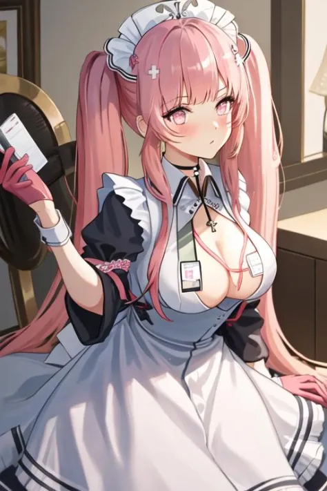 best quality, masterpiece, highres, solo, {maid:1.40}, {long maid dress:1.15}, {perseus_azurlane:1.15}, long_hair, pink_hair, pink_eyes, breasts, twintails, bangs, large_breasts, very_long_hair, blush, cleavage, hair_ornament, hat, nurse_cap, white_headwea...
