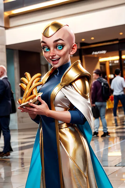 araffe dressed in a blue and gold outfit holding a plate of french fries