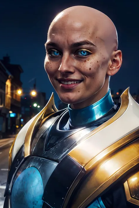 Kronika, gold cap, bald, glowing blue eyes, freckles, robes, shoulder armor, looking at viewer, smiling, portrait, outside, city, street, night time, high quality, masterpiece, <lora:Kronika-mk11v8:.8>