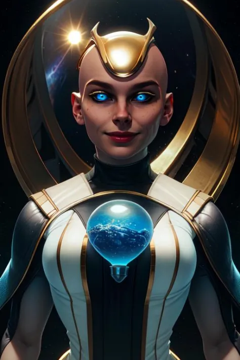 Kronika,solo,blue eyes,black sclera, bald,  gold cap, 
robes, 
standing, upper body,  smug, smile,         
abyss, giant hourglass,  milky way, 
(insanely detailed, beautiful detailed face, masterpiece, best quality) cinematic lighting,   <lora:Kronika:0.8...