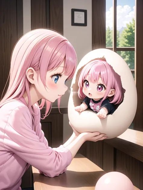 pink hair, 2 girls, are facing each other, holding cracked giant egg, a chibi girl into giant egg <lora:imprinting-001_0.7:1>