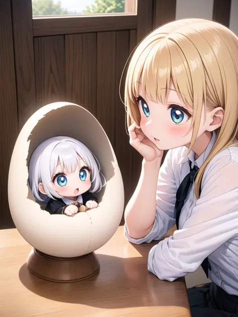 2 girls, are facing each other, holding cracked giant egg, a chibi girl into giant egg <lora:imprinting-001_0.7:1>