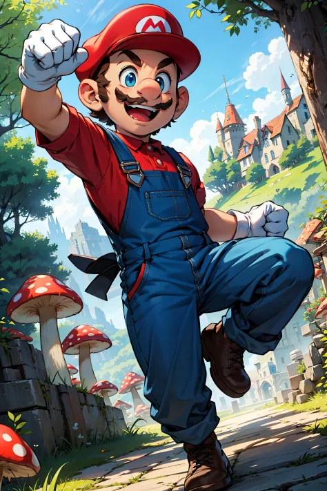 (masterpiece), (bestquality) <lora:SuperMario:0.6>, supermario, blue overalls, red shirt, red cap, smiling, 1boy, short man, little man, short legs, short arms, cartoon looking, jumping, dynamic pose, dynamic expression, smile, (fist up:1.1), big hands, bi...
