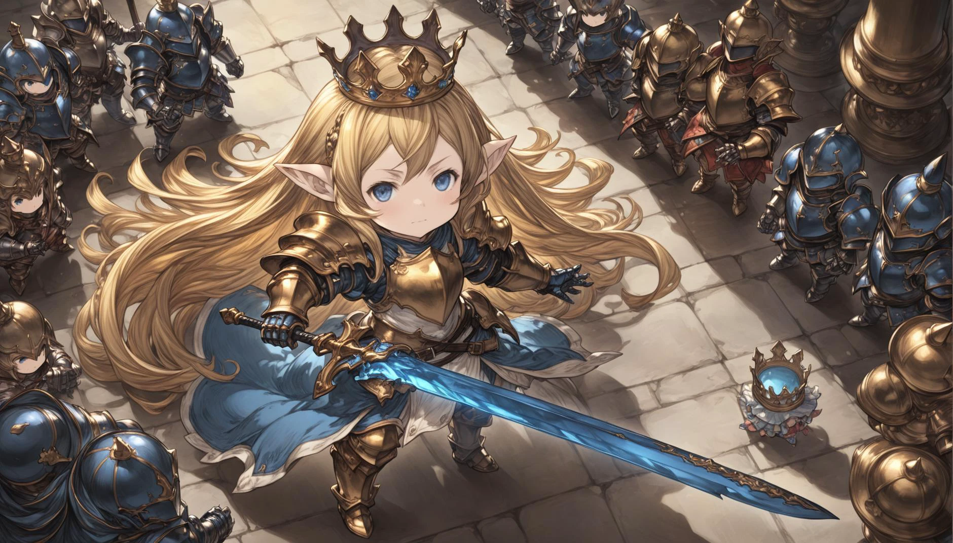 granblue_fantasy_style_xl, granblue, 1girl, armor, armored_boots, blonde_hair, blue_eyes, boots, charlotta_\(granblue_fantasy\), closed_mouth, crown, long headpiece, full_body, gauntlets, holding, holding_sword, holding_weapon, long_hair, pointy_ears, solo, standing, sword,,
shaded face, intricate detail, cinematic lighting, amazing quality, amazing shading, detailed Illustration, official artwork, wallpaper, extremely detailed eyes and face, beautiful detailed eyes, ((masterpiece, best quality)),
from above, chibi,
extremely detailed, 