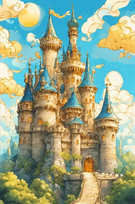 a painting of a castle with a sky background and clouds