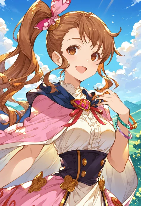 gbfpnxl, 1girl, diantha \(granblue fantasy\), solo, long hair, breasts, looking at viewer, smile, open mouth, brown hair, dress, ribbon, jewelry, medium breasts, brown eyes, upper body, cape, bracelet, side ponytail outdoors, scenery, close-up, clouds, dappled sunlight,
score_9, score_8_up, score_7_up, score_6_up, source anime, masterpiece, best quality, very aesthetic, absurdres
<lora:granblue_fantasy_v2:1>