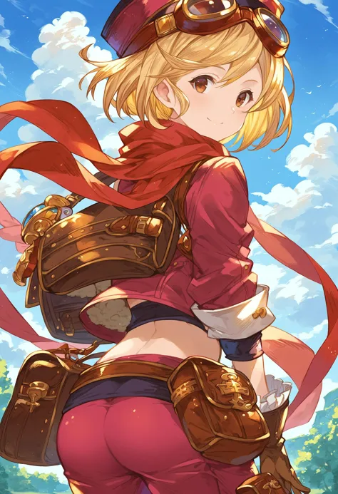 gbfpnxl, 1 garota, Djeeta \(fantasia granblue\), Sozinho, Olhando para o visualizador, sorriso, cabelo curto, cabelo loiro, luvas, tem, Olhos castanhos, jaqueta, acimaper body, Bunda, traje alternativo, barriga, olhando para trás, por trás, bolsa, lenço, óculos de joelho, óculos na cabeça, bolsa, red lenço outdoors, cenário, close-acima, Nuvens, luz solar manchada,
pontuação_9, pontuação_8_acima, pontuação_7_acima, pontuação_6_acima, anime fonte, obra de arte, melhor qualidade, muito estético, absurdos
