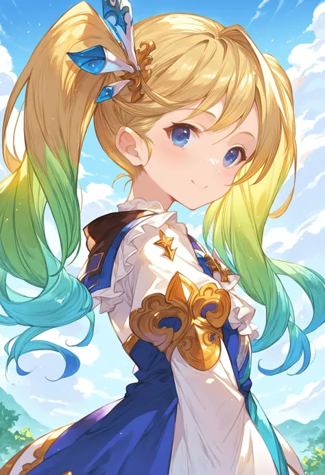 gbfpxnl, 1girl, io \(granblue fantasy\), black legwear, blonde hair, blue eyes, dress, upper body, gradient hair, hair ornament, long hair, looking at viewer, multicolored hair, smile, solo, thighhighs, twintails, white background outdoors, scenery, close-up, clouds, dappled sunlight,
score_9, score_8_up, score_7_up, score_6_up, source anime, masterpiece, best quality, very aesthetic, absurdres
<lora:granblue_fantasy_v2:1>