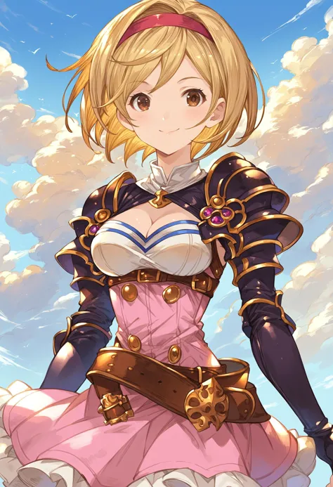 gbfpnxl, 1girl, djeeta \(granblue fantasy\), solo, breasts, smile, blonde hair, gloves, thighhighs, brown eyes, upper body, hairband, armor, shoulder armor, looking at viewer, short hair, skirt, cleavage, medium breasts, belt, black thighhighs, fingerless gloves, zettai ryouiki, gauntlets, pauldrons, black gloves,upper body, outdoors, scenery, close-up, clouds, dappled sunlight,
score_9, score_8_up, score_7_up, score_6_up, source anime, masterpiece, best quality, very aesthetic, absurdres
<lora:granblue_fantasy_v2:1>