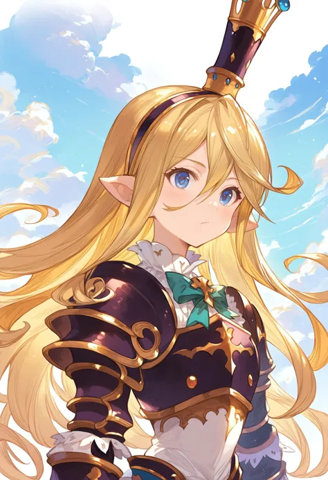 Abonnieren, 1 Mädchen, Charlotte \(granblue fantasy\), Rüstung, Rüstunged blonde hair, blaue Augen, geschlossener Mund, Krone, langes Kopfstück, hochper body, Stulpen, lange Haare, spitze Ohren, Allein, weißer Hintergrund im Freien, Landschaft, close-hoch, Wolken, Geflecktes Sonnenlicht,
Punktzahl_9, Punktzahl_8_hoch, Punktzahl_7_hoch, Punktzahl_6_hoch, Quelle Anime, Meisterwerk, beste Qualität, sehr ästhetisch, absurdesten
