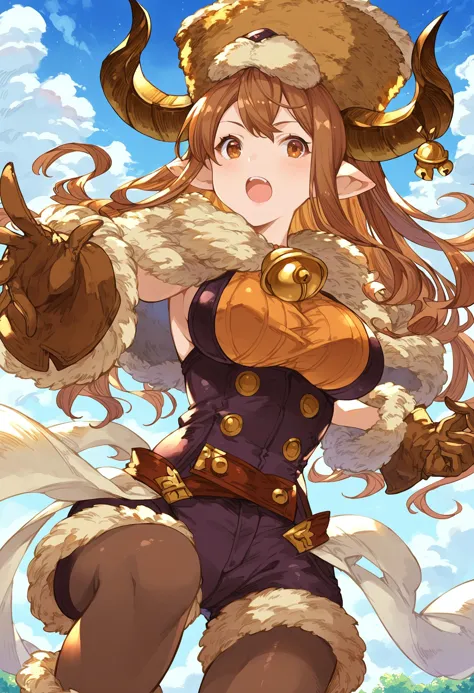 gbfpnxl, 1girl, daetta \(granblue fantasy\), solo, long hair, breasts, open mouth, large breasts, brown hair, gloves, hat, brown...