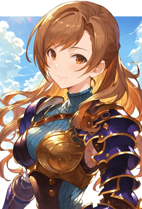 gbfpxnl, 1girl, beatrix \(granblue fantasy\), armor, armored breasts, brown eyes, brown hair, upper body, gauntlets, long hair, ...