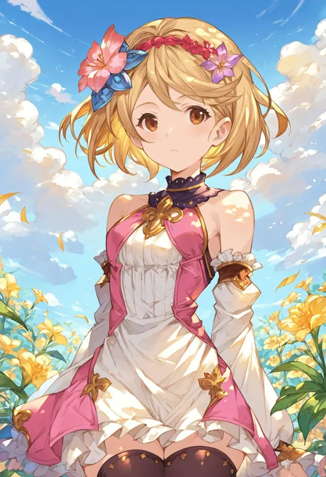 gbfpnxl, 1girl, djeeta \(granblue fantasy\), solo, looking at viewer, short hair, blonde hair, hair ornament, dress, thighhighs,...