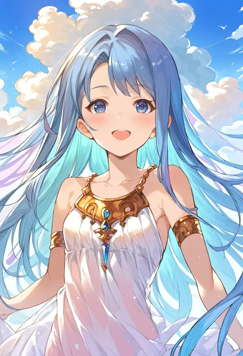 gbfpxnl, 1girl, lyria \(granblue fantasy\), armlet, barefoot, blue eyes, blue hair, blush, breasts, collarbone, dress, upper bod...