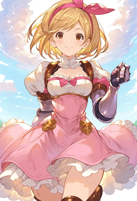 gbfpxnl, 1girl, djeeta \(granblue fantasy\), blonde hair, breasts, brown eyes, brown footwear, cleavage, dress, upper body, gaun...