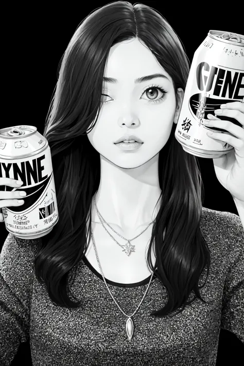 Line Art Styler, 1girl, solo, long hair, looking at viewer, holding, jewelry, monochrome, greyscale, parted lips, necklace, hair over one eye, can, holding can, beer can<lora:Line_Art_Lora:0.8>