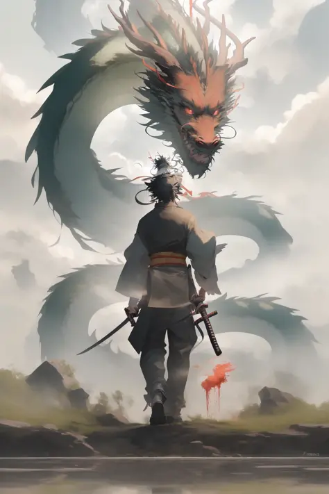 chinesedragon, dragon, eastern dragon, weapon, sword, holding, holding weapon, 1boy, long hair, cloud, standing, holding sword, ...