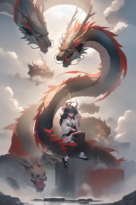chinesedragon, eastern dragon, dragon, 1girl, long hair, cloud, black hair, sky, floating hair, solo, chinese clothes, wide slee...