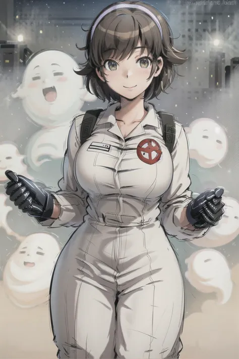 ghost girl with a gun and a bunch of ghost faces