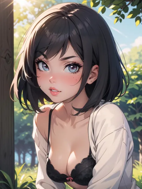 1girl, head only, solo, breasts, breast focus, sweatshirt, v-neck sweater, black bra, smile, looking at viewer, character focus, close up, cleavage, looking at viewer, trees, sunlight, black bob-cut hair, leaning forward