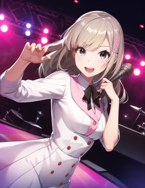 anime girl in white dress holding a microphone on stage