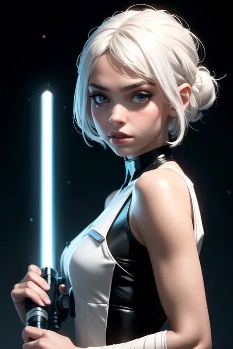 a woman in a black and white outfit holding a light saber