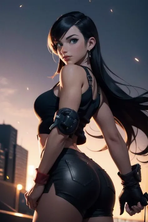 (best qulity), (masterpeice), Final fantasy Tifa, looking at the camera, midgar city street as background.,no_humans, SILHOUETTE LIGHT PARTICLES,