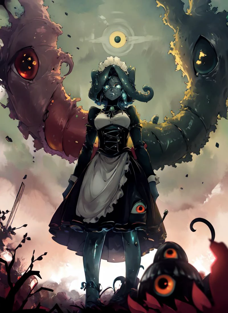 ((best quality)), ((highly detailed)), absurdres, detailed face, beautiful face, (detailed eyes, deep eyes), (1girl), (glasses), from_below, foreshortening, looking down, full body, (((very wide shot))), (((shoggoth))), maid, body horror, (tentacles), ((extra eyes)), spiral eyes, @.@, glowing eyes, Jasmine colored eyes, (colored skin), (dark grey colored skin), small breasts, maid dress, maid headdress, corset, glowing portal,glowing runes, lovecraftian, solid eyes, colored sclerae, insanevoid, glowing, (outdoors, at a garden, morning, sunrise), 