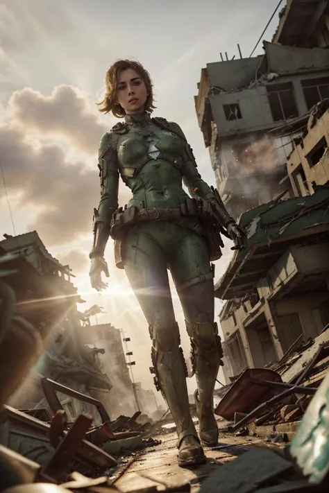 a woman in a green suit standing in a destroyed city