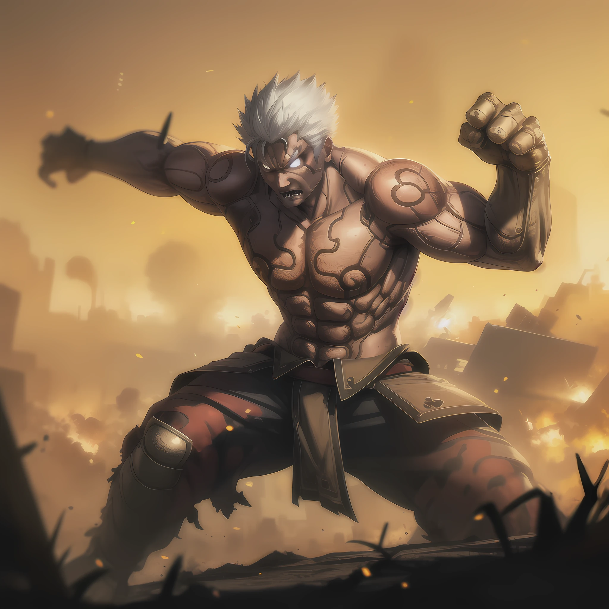 ((masterpiece, best quality)),(complex light),solo,solo focus,1boy,asura, white hair, glowing eyes, furious, golden arms, simple background, fighting stance, destroyed debris background