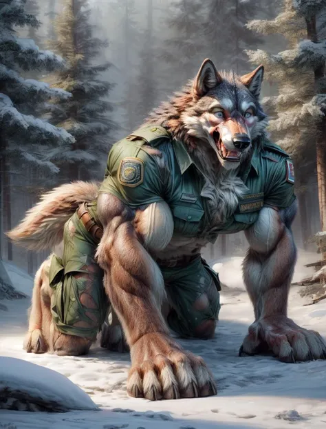 a close up of a wolf in a military uniform crouching down