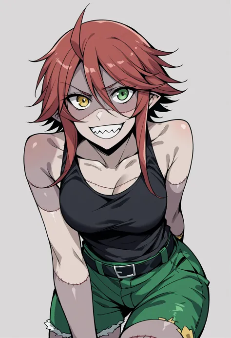 score_9, score_8_up, score_7_up, bent over mmzombina, zombie, stitches, patchwork skin, sharp teeth, grin, looking at viewer, ahoge, heterochromia, yellow eyes, green eyes, bare shoulders, black tank top, green shorts, belt, <lora:monstermusume_zombina_ponyXL-000010:1>