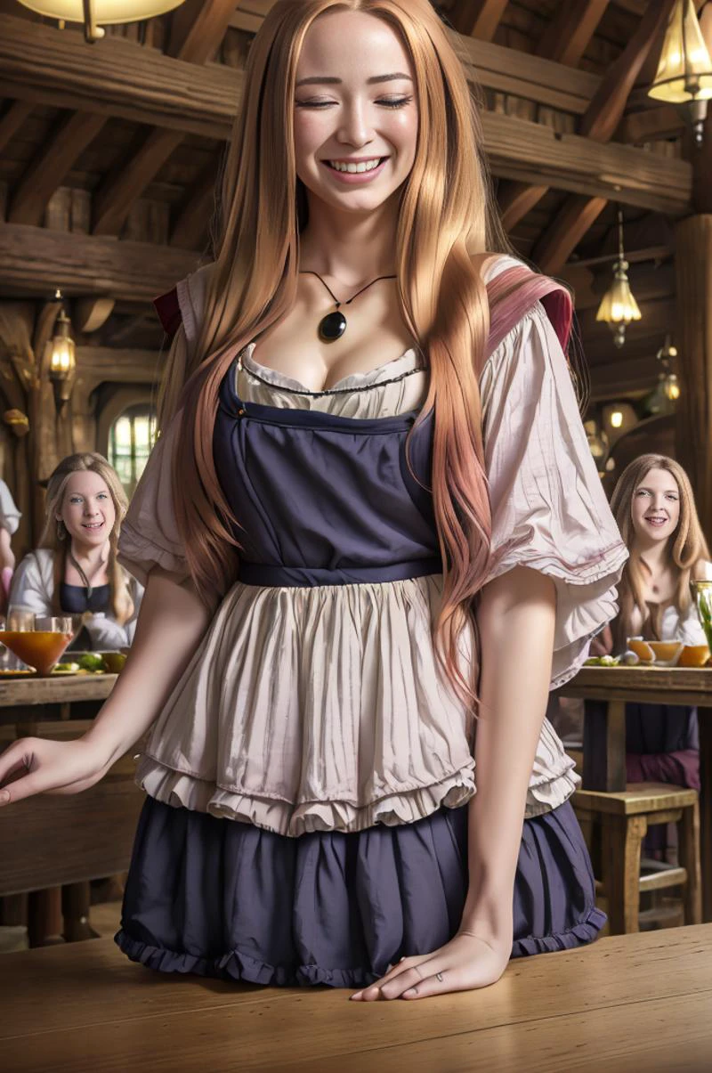 realistic analog photo, award winning photo,
wideshot, 
1girl, kitagawa marin, halfclosed eyes, giddy smile, 
 wench   wench, dress, necklace, posing 
 long_hair, blonde_hair, bangs, red_eyes, medium_breasts, parted_lips, gradient_hair, multicolored_hair, pink_hair,
populated tavern, crowded tavern
high-quality, crisp, sharp, professional-grade, high-resolution, fine detail, accurate colors, low noise, fast shutter speed, wide dynamic range, precise focus,
RAW, highres, 8k, uhd, High Dynamic Range, tonemapping, crisp details,