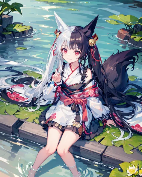 1girl,solo,fox_ears,alicemanabell, <lora:AliceManaV1:1>,
light smile, ;3,sitting,water,river,barefoot,from_above,lotus, leaf,dep...