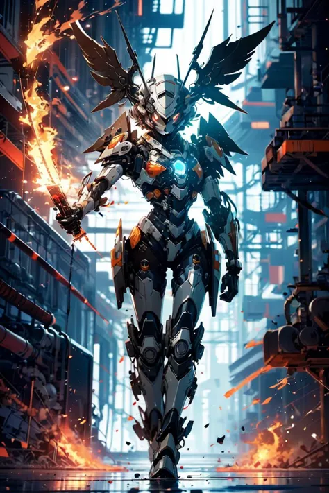 glowing eyes, glow, flames, 
<lora:Mecha warrior Mecha_20230621092507:0.5> Mecha warrior, Mecha, shiny, shiny hair, shiny skin, shiny clothes