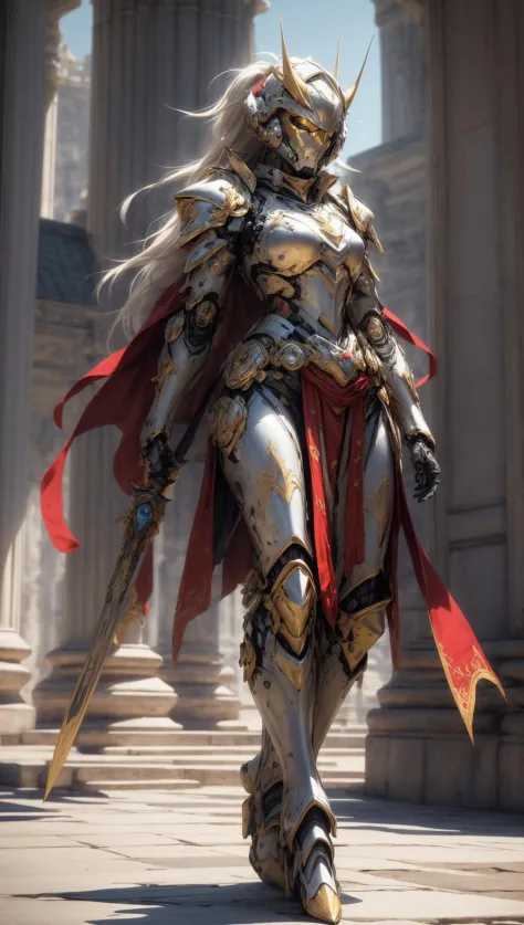 ((Best quality)), ((masterpiece)), (highly detailed:1.3),3D, elite Mecha paladin,royal house guard,beautiful female wearing intricate ceremonial armor, golden cape, military mecha parade in background at grand imperial palace,